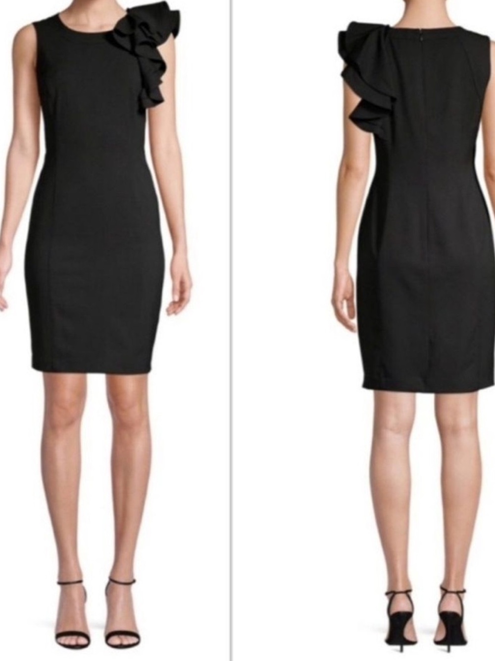 Calvin Klein Ruffle Flutter Sleeve Sheath Dress Black Back Zip Cocktail LBD Sz 2